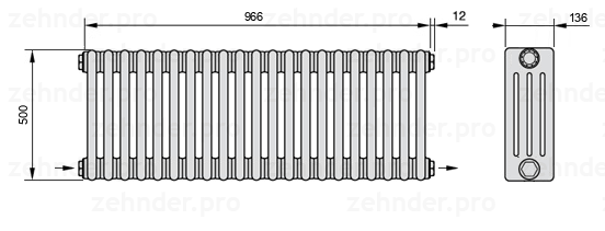 Схема (чертеж) Радиатор Zehnder Charleston 4050/21 №2670 Белый глянцевый RAL 9016